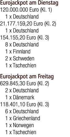 Eurojackpot am Dienstag 120.000.000 Euro (Kl. 1) 1 x Deutschland 21.177.159,20 Euro (Kl. 2) 1 x Deutschland 154.155,2...
