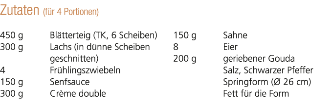 Zutaten (f r 4 Portionen) 450 g Bl tterteig (TK, 6 Scheiben) 300 g Lachs (in d nne Scheiben geschnitten) 4 Fr hlingsz...