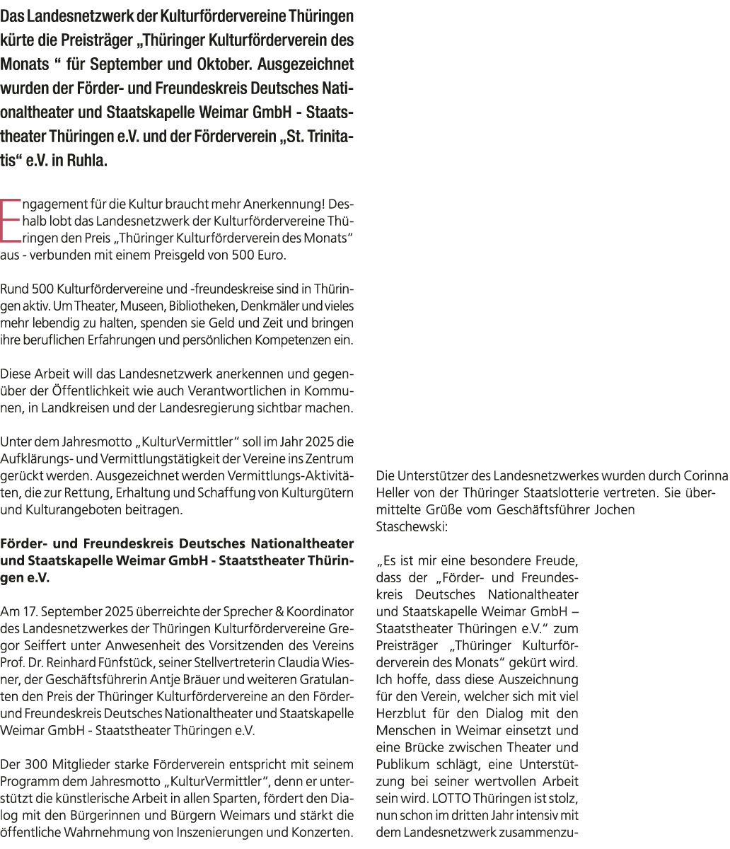 Das Landesnetzwerk der Kulturf rdervereine Th ringen k rte die Preistr ger „Th ringer Kulturf rderverein des Monats “...
