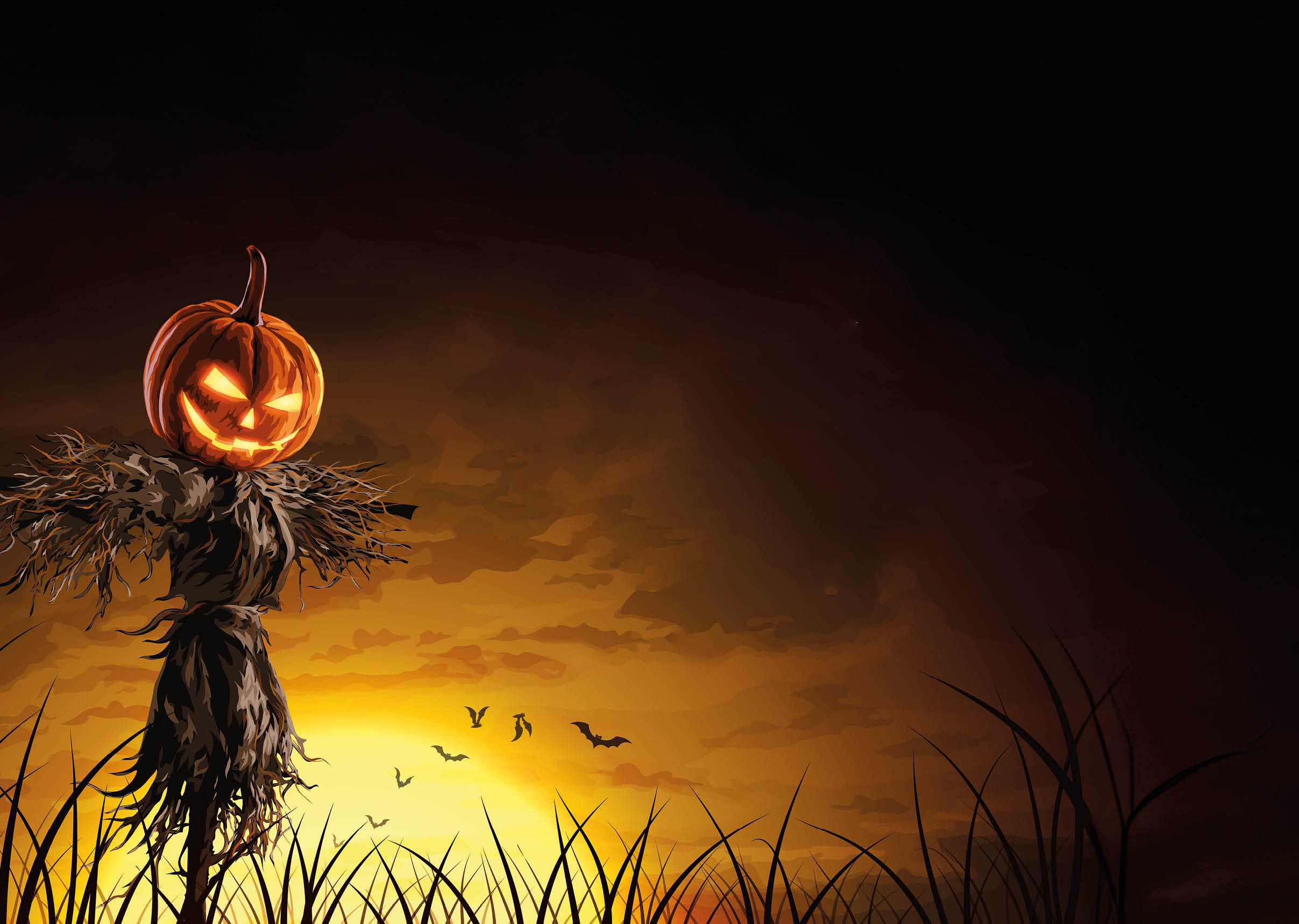 Vector illustration of Halloween pumpkin scarecrow on a wide field with the moon on a scary night.