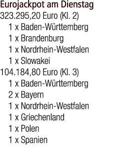 Eurojackpot am Dienstag 323.295,20 Euro (Kl. 2) 1 x Baden W rttemberg 1 x Brandenburg 1 x Nordrhein Westfalen 1 x Slo...
