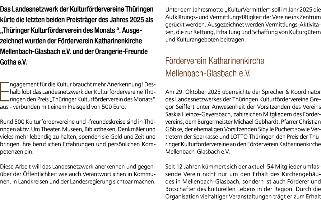 Das Landesnetzwerk der Kulturf rdervereine Th ringen k rte die letzten beiden Preistr ger des Jahres 2025 als „Th rin...