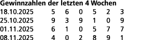 Gewinnzahlen der letzten 4 Wochen 18.10.2025 5 6 0 5 2 3 25.10.2025 9 3 9 1 0 9 01.11.2025 6 1 0 5 7 7 08.11.2025 4 0...