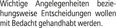 Wichtige Angelegenheiten beziehungsweise Entscheidungen wollen mit Bedacht gehandhabt werden.