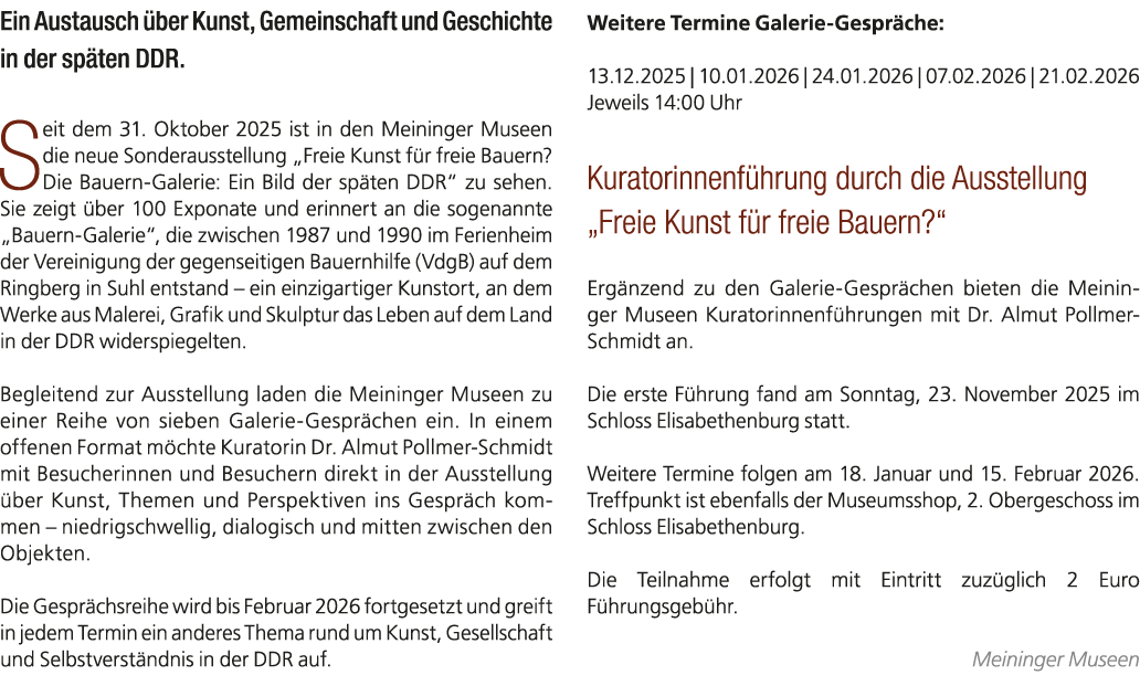 Ein Austausch ber Kunst, Gemeinschaft und Geschichte in der sp ten DDR. Seit dem 31. Oktober 2025 ist in den Meining...