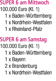 SUPER 6 am Mittwoch 100.000 Euro (Kl. 1) 1 x Baden W rttemberg 1 x Nordrhein Westfalen 1 x Rheinland Pfalz SUPER 6 am...