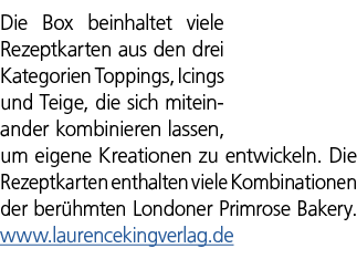 Die Box beinhaltet viele Rezeptkarten aus den drei Kategorien Toppings, Icings und Teige, die sich miteinander kombin...