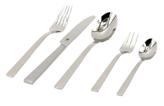 Auf dem Bild sind f nf Besteckteile aus gl nzendem Edelstahl gleichm ig nebeneinander auf einer wei en, glatten Oberfl che angeordnet. Von links nach rechts sieht man:  Eine gro e Gabel mit vier Zinken.  Ein gro es Messer mit glatter Klinge.  Einen gro en L ffel mit ovaler Laffe.  Eine kleine Gabel mit drei kurzen Zinken – vermutlich eine Dessert- oder Kuchengabel.  Einen kleinen L ffel – vermutlich ein Teel ffel.  Alle Besteckteile haben ein schlichtes, modernes Design mit geraden, kantigen Griffen. Das Besteck wirkt hochwertig und elegant.