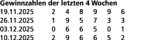 Gewinnzahlen der letzten 4 Wochen 19.11.2025 2 4 8 9 9 6 26.11.2025 1 9 5 7 3 3 03.12.2025 0 6 6 5 0 1 10.12.2025 2 9...