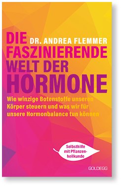 Auf dem Bild ist das Buchcover von „Die faszinierende Welt der Hormone“ von Dr. Andrea Flemmer zu sehen.   Das Cover ist modern und farbenfroh gestaltet,  berwiegend in Pink-, Gelb- und Oranget nen mit geometrischen Fl chen. Der Titel ist in gro en, kr ftigen Buchstaben platziert. Der Untertitel beschreibt den Inhalt des Buches:  „Wie winzige Botenstoffe unseren K rper steuern und was wir f r unsere Hormonbalance tun k nnen.“    Unten rechts befindet sich ein Hinweis auf „Selbsthilfe mit Pflanzenheilkunde“ sowie das Logo des Goldegg Verlags.