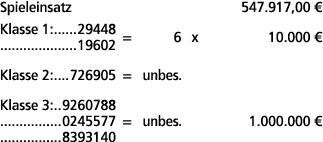 Spieleinsatz 547.917,00 € Klasse 1: 29448 19602 = 6 x 10.000 € Klasse 2: 726905 = unbes. Klasse 3: 9260788 0245577 = ...