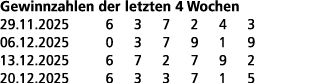 Gewinnzahlen der letzten 4 Wochen 29.11.2025 6 3 7 2 4 3 06.12.2025 0 3 7 9 1 9 13.12.2025 6 7 2 7 9 2 20.12.2025 6 3...