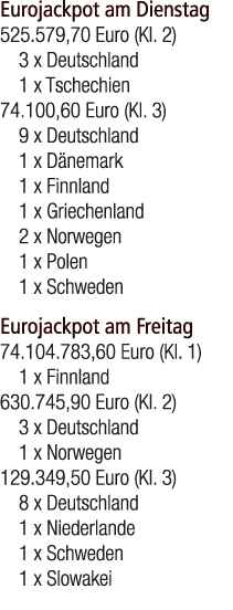 Eurojackpot am Dienstag 525.579,70 Euro (Kl. 2) 3 x Deutschland 1 x Tschechien 74.100,60 Euro (Kl. 3) 9 x Deutschland...