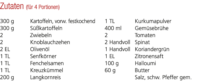 Zutaten (f r 4 Portionen) 300 g Kartoffeln, vorw. festkochend 300 g S kartoffeln 2 Zwiebeln 2 Knoblauchzehen 2 EL Ol...