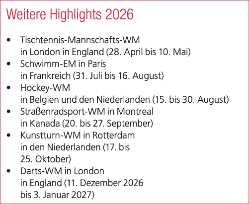 Weitere Highlights 2026 • Tischtennis Mannschafts WM in London in England (28. April bis 10. Mai) • Schwimm EM in Par...