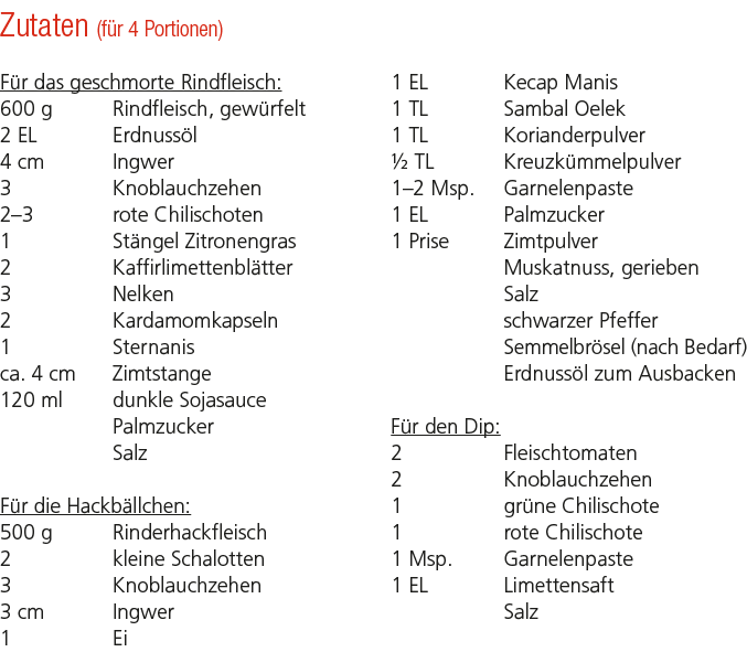 Zutaten (f r 4 Portionen) F r das geschmorte Rindfleisch: 600 g Rindfleisch, gew rfelt 2 EL Erdnuss l 4 cm Ingwer 3 K...