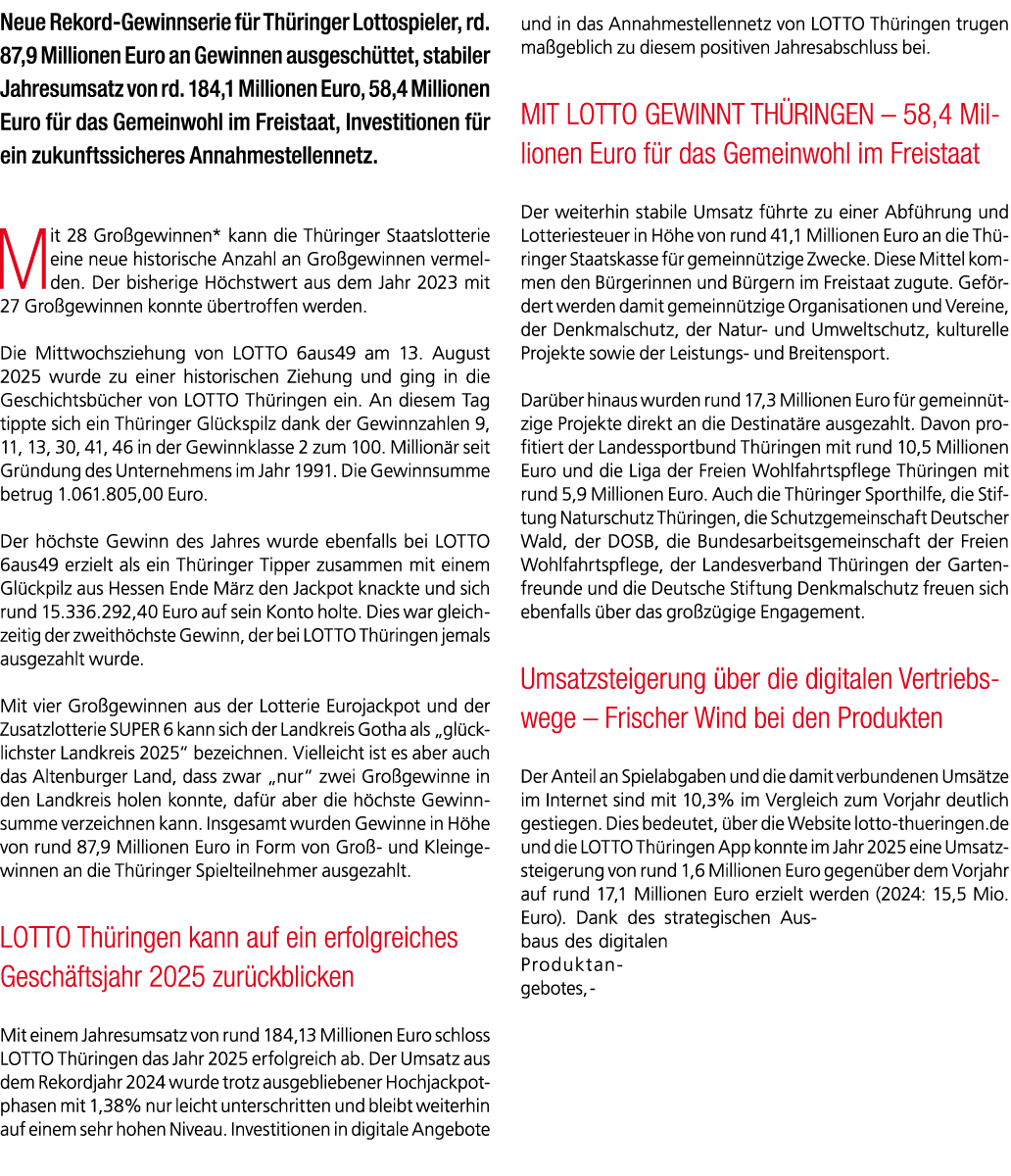 Neue Rekord Gewinnserie f r Th ringer Lottospieler, rd. 87,9 Millionen Euro an Gewinnen ausgesch ttet, stabiler Jahre...