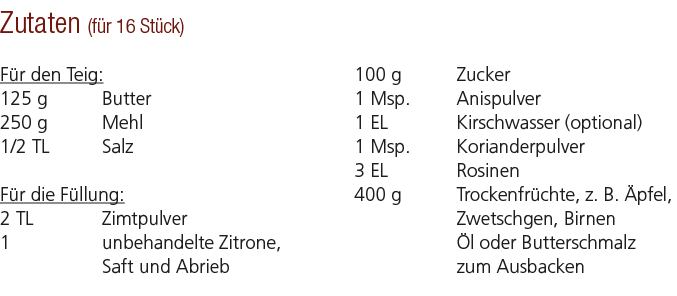 Zutaten (f r 16 St ck) F r den Teig: 125 g Butter 250 g Mehl 1/2 TL Salz F r die F llung: 2 TL Zimtpulver 1 unbehande...