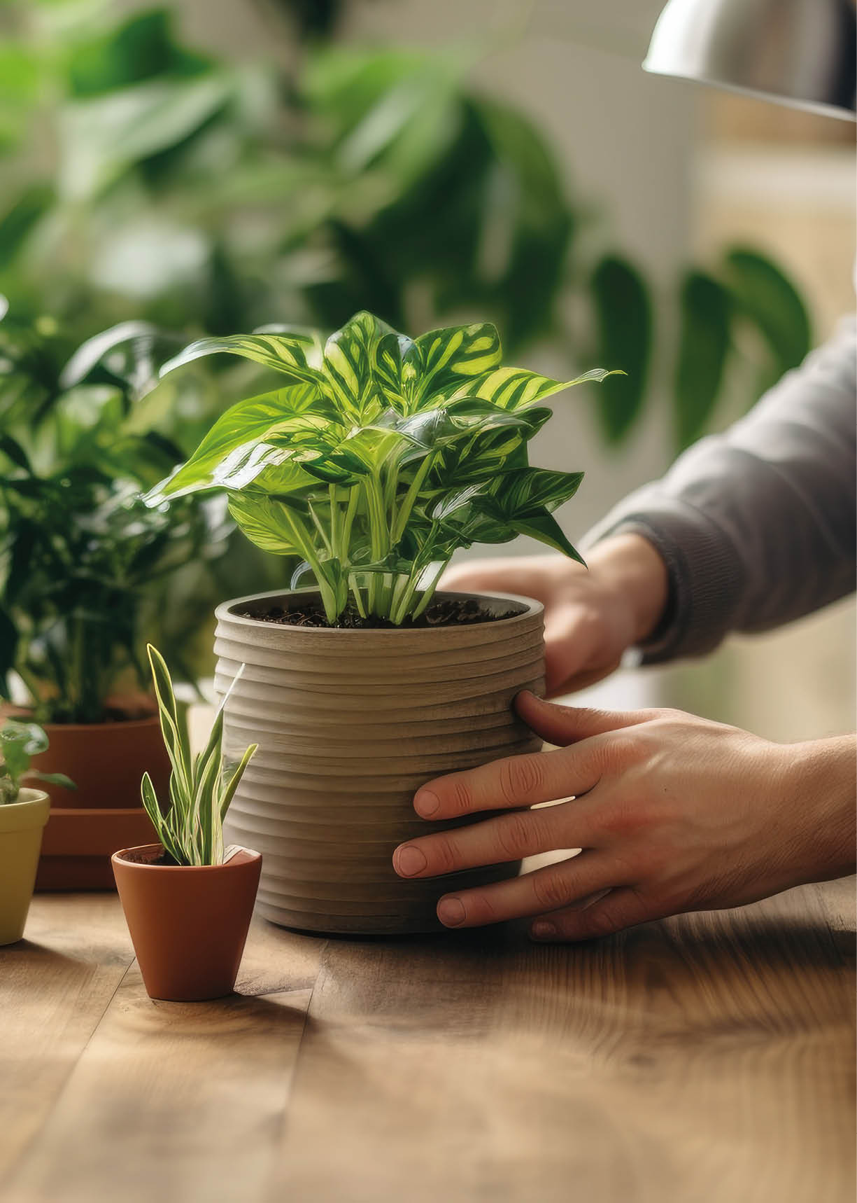 A man in a gray sweater tenderly caring for his indoor plants in a brightly lit room. Generative AI.