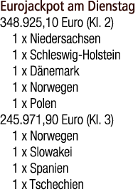 Eurojackpot am Dienstag 348.925,10 Euro (Kl. 2) 1 x Niedersachsen 1 x Schleswig Holstein 1 x D nemark 1 x Norwegen 1 ...