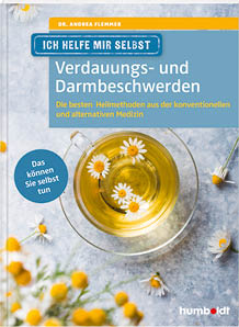 Das in hellblauen Farben gehaltene Buch-Cover tr gt den Titel “Ich helfe mir selbst - Verdauungs- und Darmbeschwerden". Der Blick f llt aus der Vogelperspektive auf ein Teeglas mit Kamillentee. Kamillenbl ten schwimmen im Tee und sind rund um die Tasse verteilt.