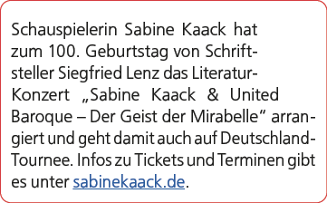 Schauspielerin Sabine Kaack hat zum 100. Geburtstag von Schriftsteller Siegfried Lenz das Literatur Konzert „Sabine K...