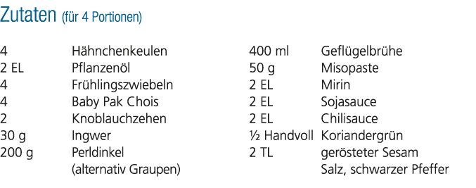 Zutaten (f r 4 Portionen) 4 H hnchenkeulen 2 EL Pflanzen l 4 Fr hlingszwiebeln 4 Baby Pak Chois 2 Knoblauchzehen 30 g...