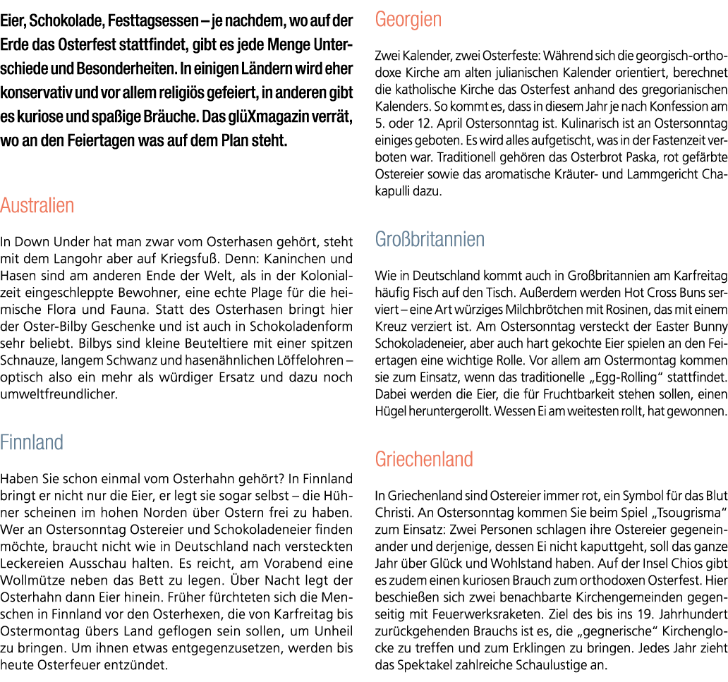 Eier, Schokolade, Festtagsessen – je nachdem, wo auf der Erde das Osterfest stattfindet, gibt es jede Menge Unterschi...
