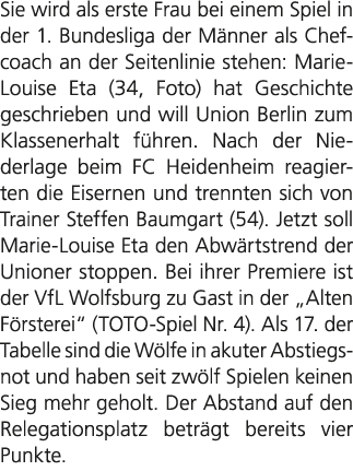 Sie wird als erste Frau bei einem Spiel in der 1. Bundesliga der M nner als Chefcoach an der Seitenlinie stehen: Mari...