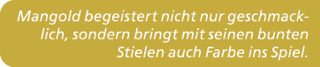 Mangold begeistert nicht nur geschmacklich, sondern bringt mit seinen bunten Stielen auch Farbe ins Spiel.