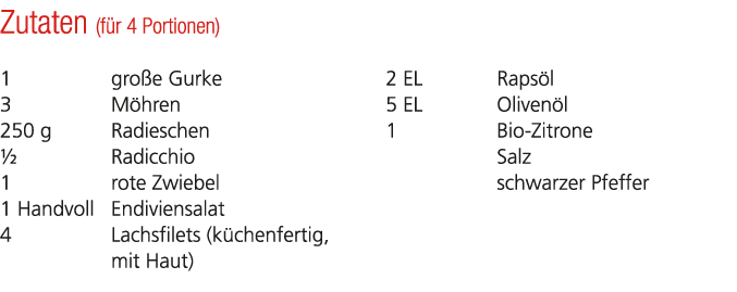 Zutaten (f r 4 Portionen) 1 gro e Gurke 3 M hren 250 g Radieschen ½ Radicchio 1 rote Zwiebel 1 Handvoll Endiviensalat...