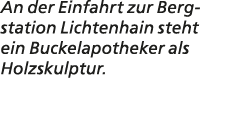 An der Einfahrt zur Bergstation Lichtenhain steht ein Buckelapotheker als Holzskulptur.