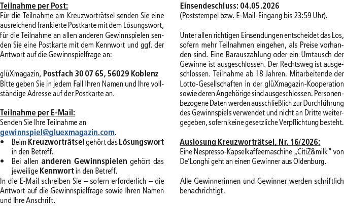 Teilnahme per Post: F r die Teilnahme am Kreuzwortr tsel senden Sie eine ausreichend frankierte Postkarte mit dem L s...