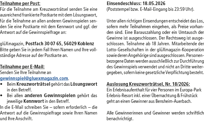 Teilnahme per Post: F r die Teilnahme am Kreuzwortr tsel senden Sie eine ausreichend frankierte Postkarte mit dem L s...