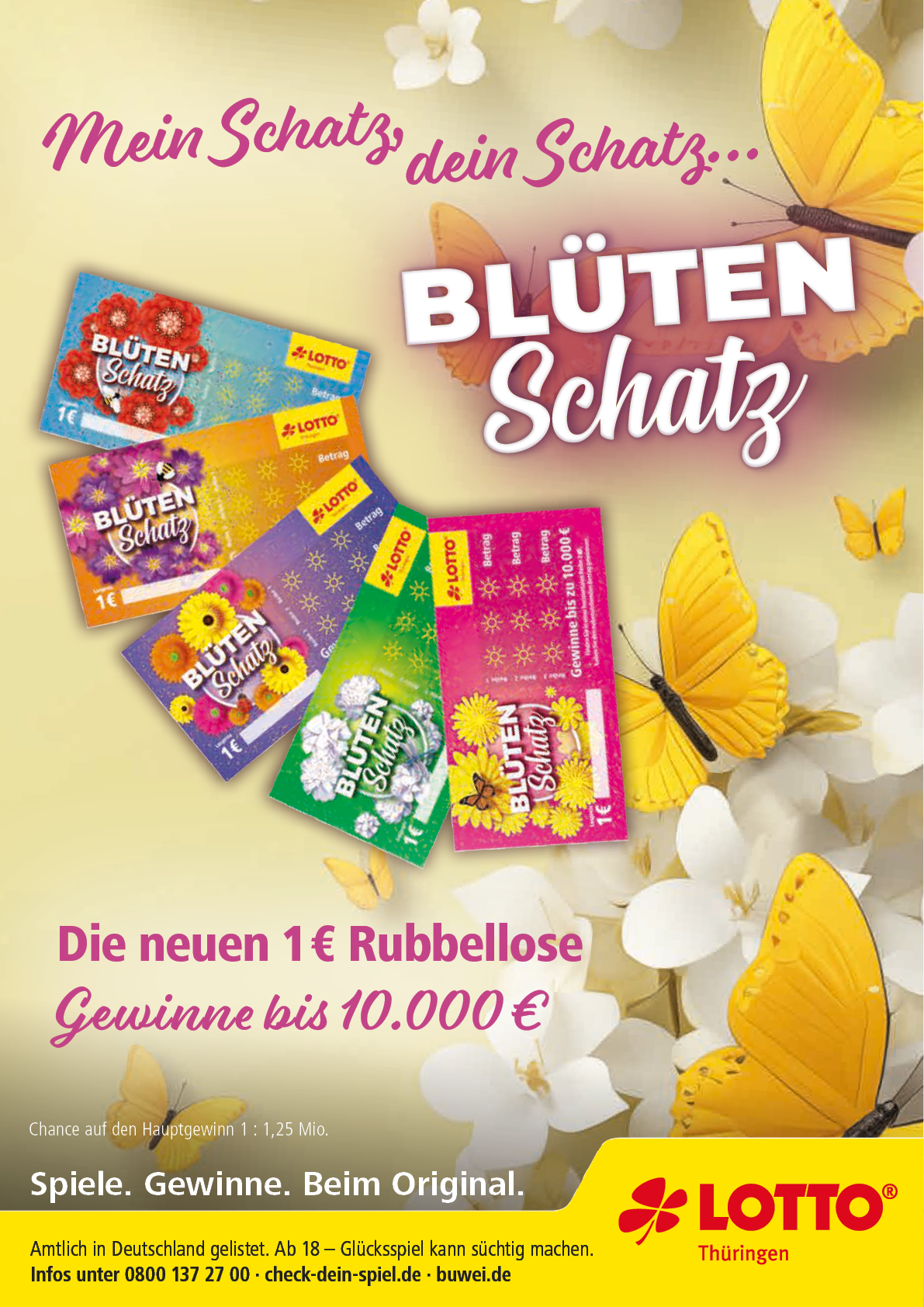 Werbung f r neue 1-Euro-Rubbellose namens Bl tenschatz mit bunten Losen, gelben Schmetterlingen und wei en Bl ten auf hellem Hintergrund. Beschreibung von KI generiert