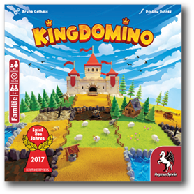 Spielcover „Kingdomino“: stilisierte Landschaft mit Schloss, Feldern, Wald und Fluss; oben der Titel, unten das Siegel „Spiel des Jahres 2017“.