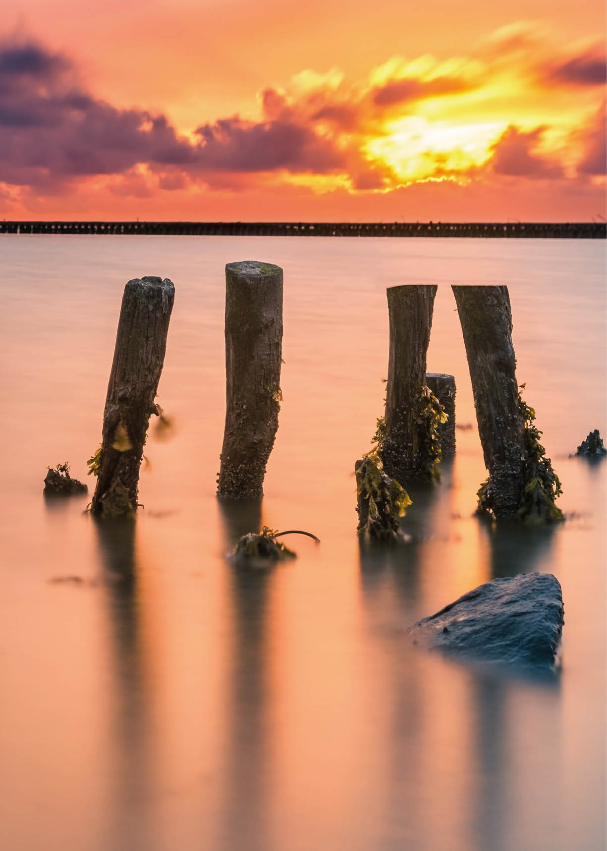 Verwitterte Holzpf hle ragen aus ruhigem Wasser bei einem farbenfrohen Sonnenuntergang mit Wolken am Horizont. Beschreibung von KI generiert