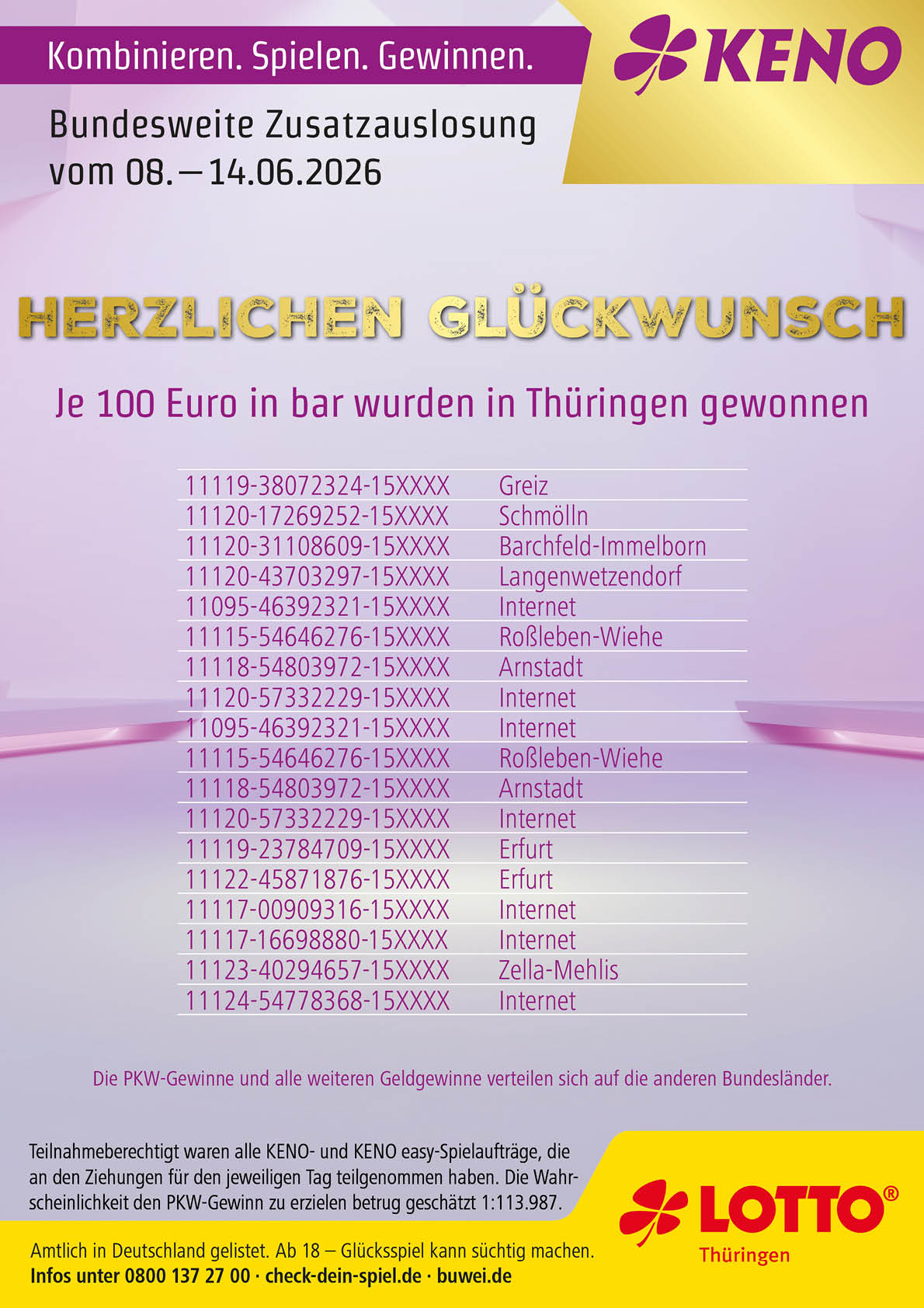 Gewinnerliste der KENO-Zusatzauslosung vom Mai 2026 mit herzlichen Gl ckw nschen und Informationen zur Auszahlung der Gewinne in Th ringen. Beschreibung von KI generiert