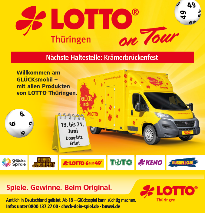 Ein gelber Lotto-Gl cksmobil-Transporter steht vor einem orange-gelben Hintergrund mit Informationen zu einer Tour in Th ringen und verschiedenen Lotto-Spielangeboten. Beschreibung von KI generiert