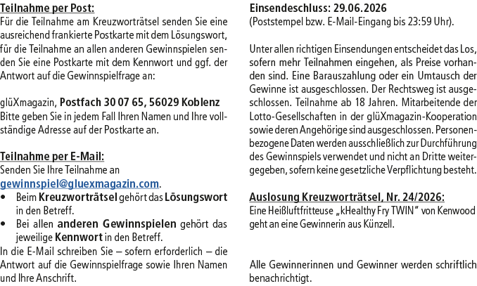 Teilnahme per Post: F r die Teilnahme am Kreuzwortr tsel senden Sie eine ausreichend frankierte Postkarte mit dem L s...
