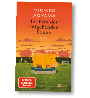 Ein Buchcover zeigt eine gelbe Nilpferdstatue in einem Park bei Sonnenuntergang mit spielenden Kindern auf einer Schaukel und einer Person auf einer Parkbank.   Beschreibung von KI generiert