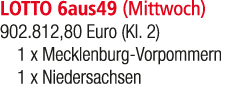 LOTTO 6aus49 (Mittwoch) 902.812,80 Euro (Kl. 2) 1 x Mecklenburg Vorpommern 1 x Niedersachsen