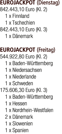 EUROJACKPOT (Dienstag) 842.443,10 Euro (Kl. 2) 1 x Finnland 1 x Tschechien 842.443,10 Euro (Kl. 3) 1 x D nemark EUROJ...