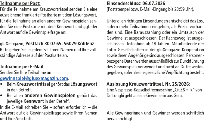 Teilnahme per Post: F r die Teilnahme am Kreuzwortr tsel senden Sie eine ausreichend frankierte Postkarte mit dem L s...