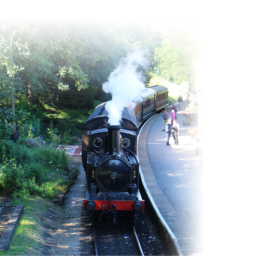 Eine dampfbetriebene Lokomotive f hrt auf Gleisen neben einem Bahnsteig, auf dem mehrere Personen stehen, umgeben von gr ner Vegetation. Beschreibung von KI generiert