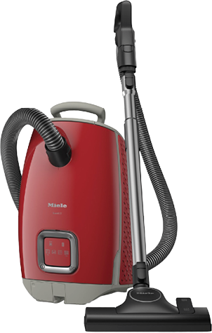 Ein roter Miele Staubsauger mit grauem Griff und schwarzem Saugschlauch steht auf wei em Hintergrund. Beschreibung von KI generiert
