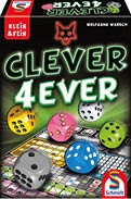 Das Cover des Spiels Clever 4ever zeigt bunte W rfel auf einem Spielbrett mit einem leuchtenden Schriftzug und einem stilisierten Fuchslogo. Beschreibung von KI generiert