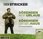 Person steht auf einer Wiese mit Jacke und M tze und h lt die H nde vor der Brust, daneben steht der Text zu einer H rbuchreihe von Sven Stricker mit den Titeln S rensen macht Urlaub und S rensen geht aufs Haus. Beschreibung von KI generiert