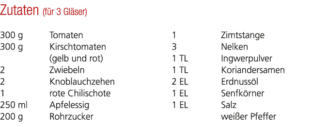 Zutaten (f r 3 Gl ser) 300 g Tomaten 300 g Kirschtomaten (gelb und rot) 2 Zwiebeln 2 Knoblauchzehen 1 rote Chilischot...