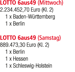 LOTTO 6aus49 (Mittwoch) 2.234.452,70 Euro (Kl. 2) 1 x Baden W rttemberg 1 x Berlin LOTTO 6aus49 (Samstag) 889.473,30 ...
